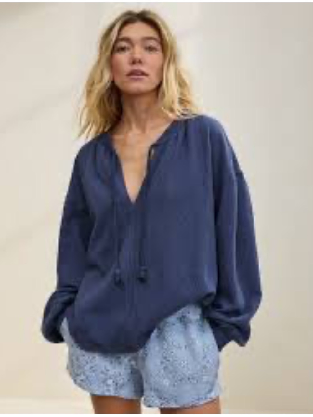 NWT aerie Easy Street oversized Navy Blue Peasant Tie-Neck Tunic Size XXS